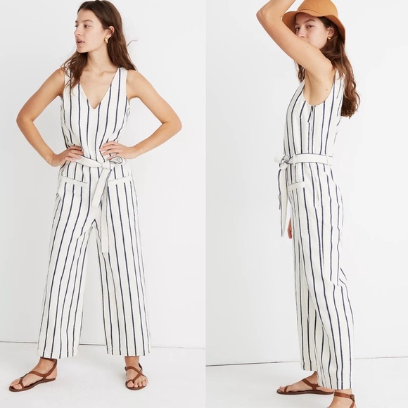 Madewell Pants - ⛔️SOLD⛔️Madewell White Blue Striped Linen Wide Leg Sleeveless Pull-On Jumpsuit S